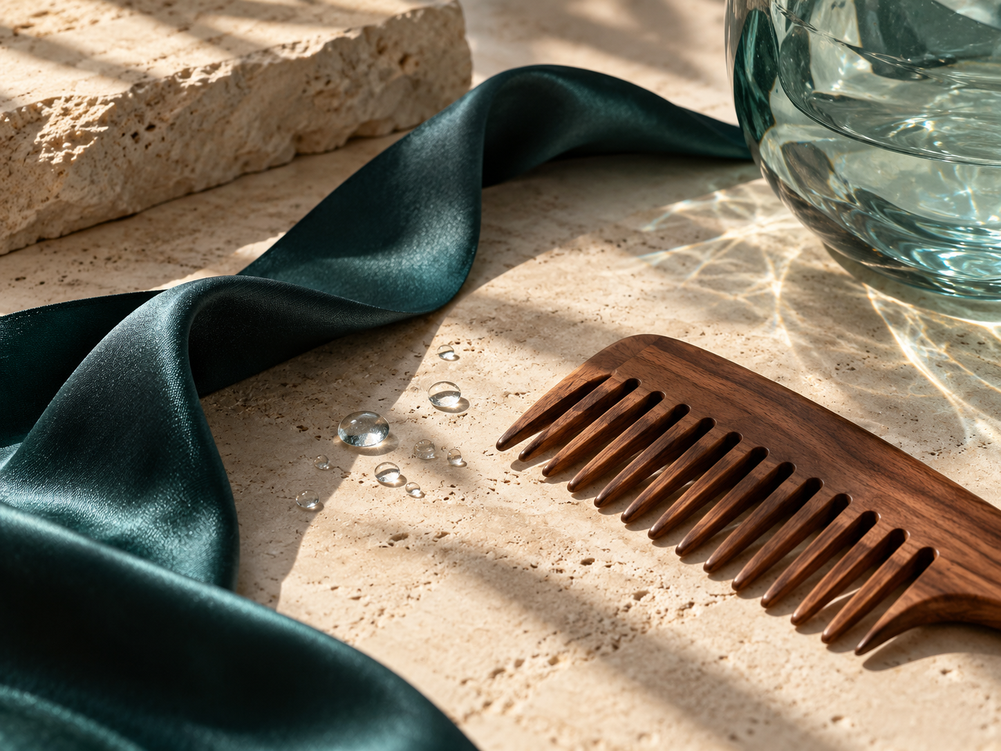 Original after-wash still life with wooden comb and dark teal ribbon