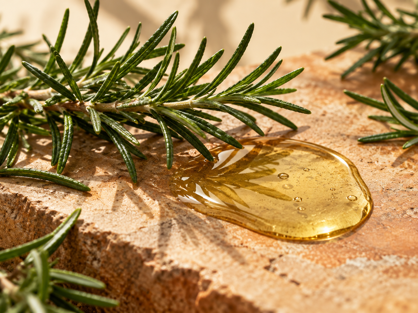 Editorial rosemary sprigs beside golden oil