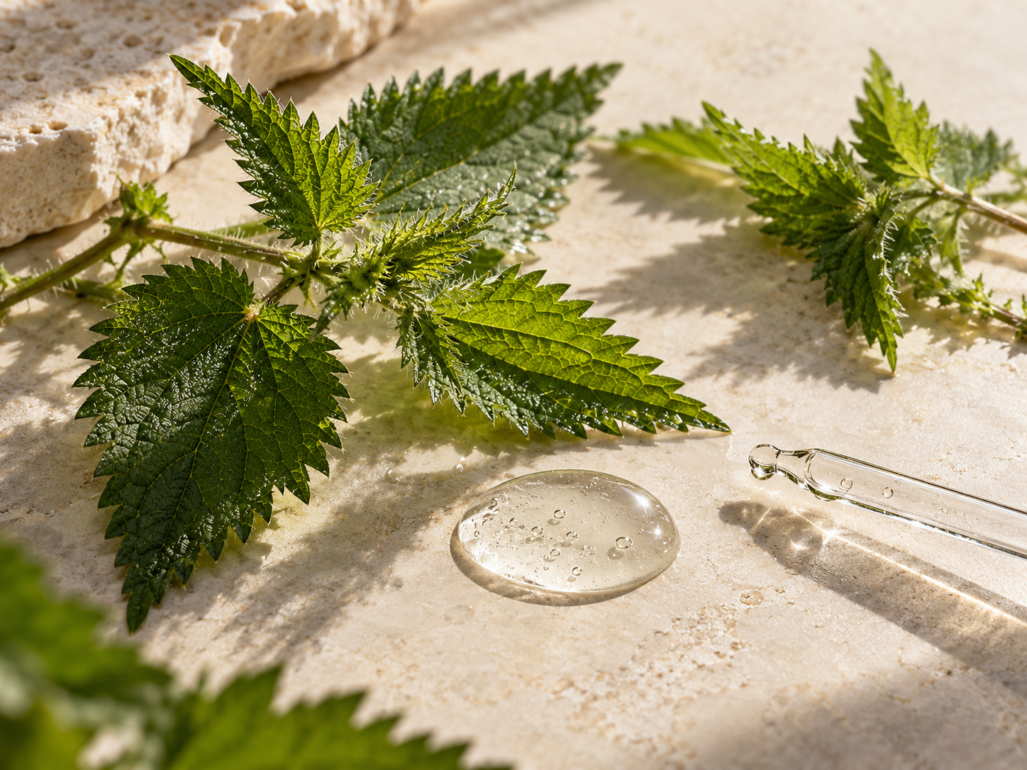 Original editorial nettle leaves beside clear serum texture