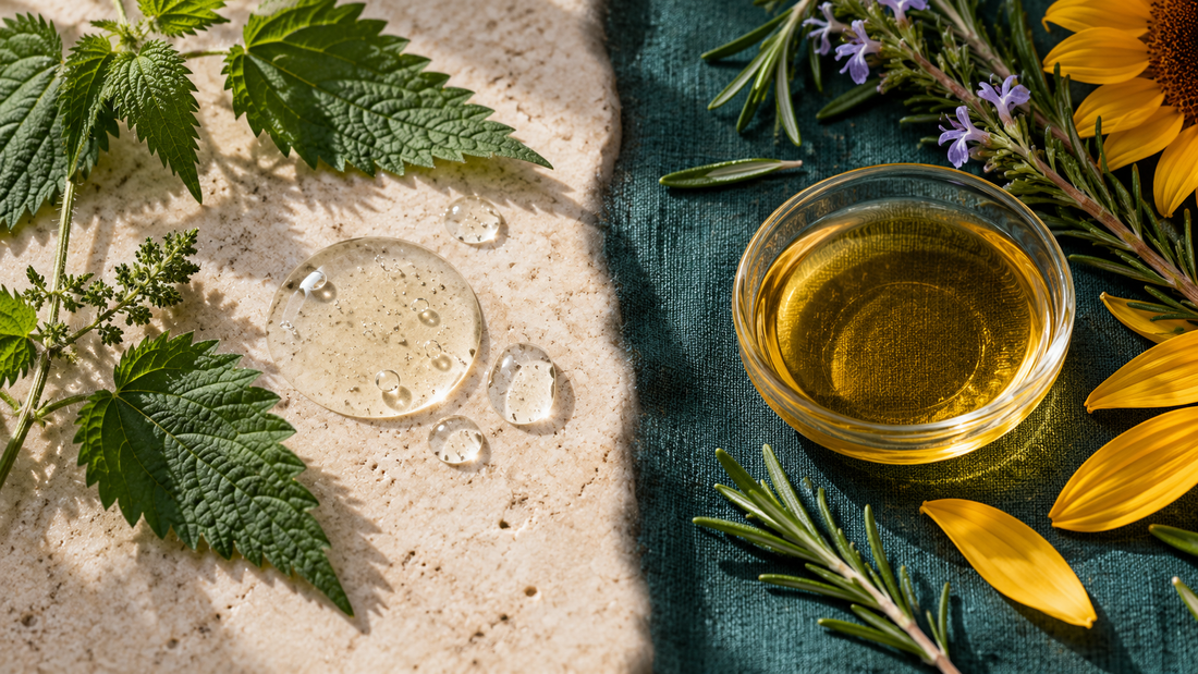 Editorial comparison of clear scalp serum texture with nettle and golden botanical oil with rosemary and sunflower