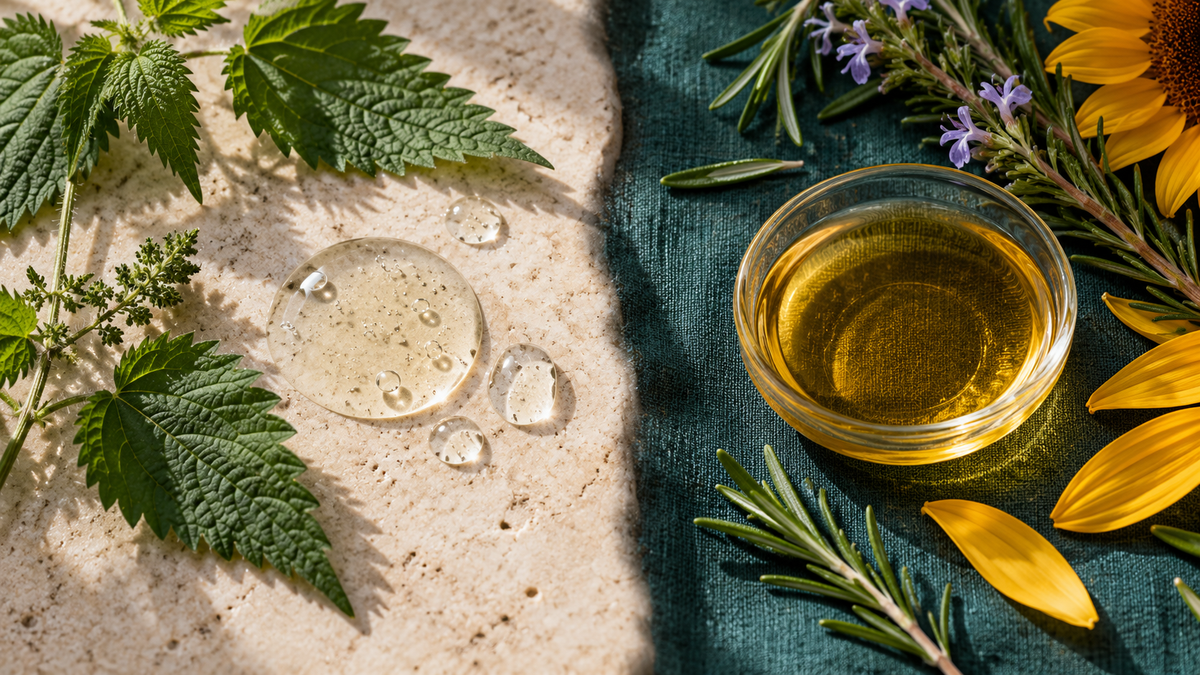 Editorial comparison of clear scalp serum texture with nettle and golden botanical oil with rosemary and sunflower