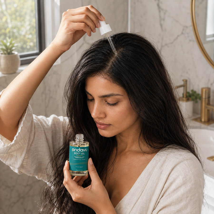 Woman applying ONDAVU Root Oil along a dry scalp part
