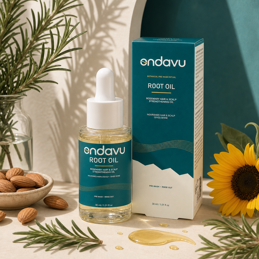 ONDAVU Root Oil botanical ingredient studio scene