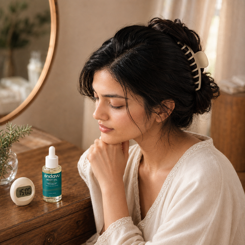 Woman waiting fifteen minutes after applying ONDAVU Root Oil