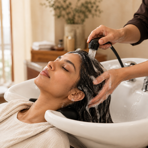 Woman shampooing and rinsing after using ONDAVU Root Oil