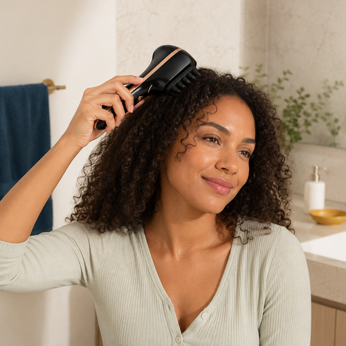 Woman using Black ONDAVU Root Pulse gently on a dry scalp