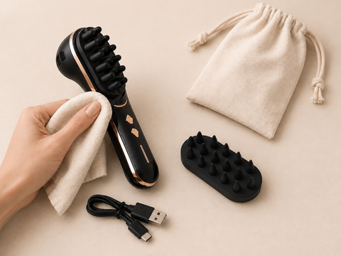 ONDAVU Root Pulse being wiped dry beside its pointed attachment and storage pouch