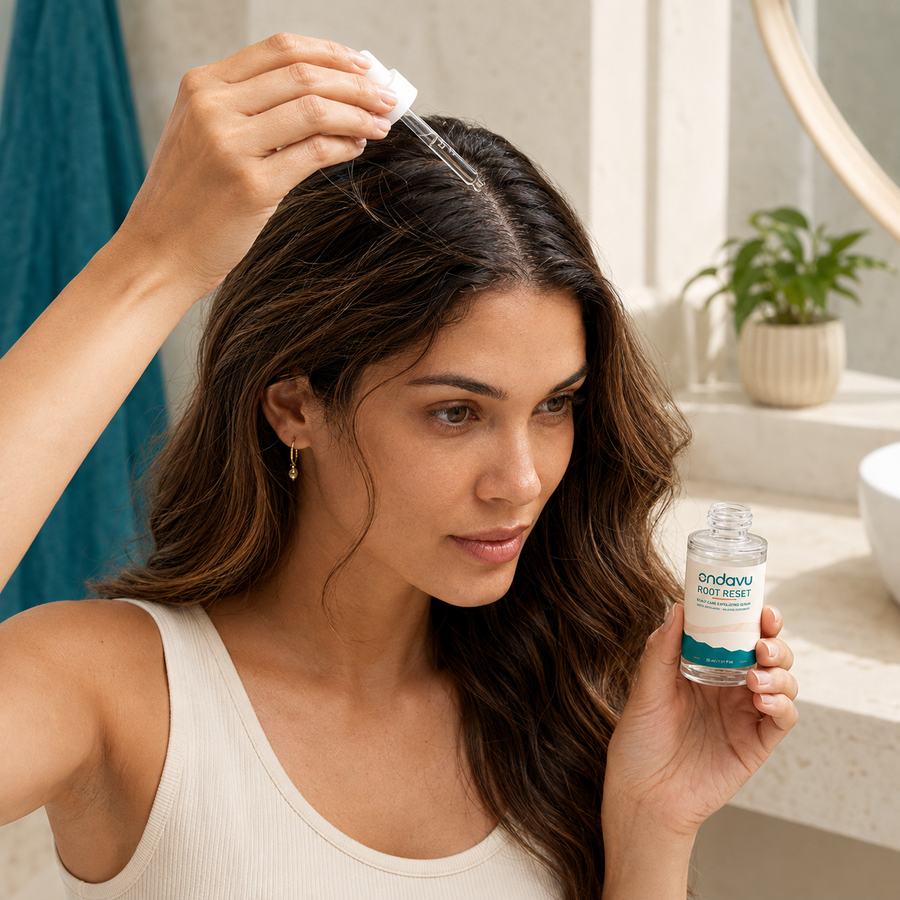 Woman applying ONDAVU Root Reset along a dry scalp part