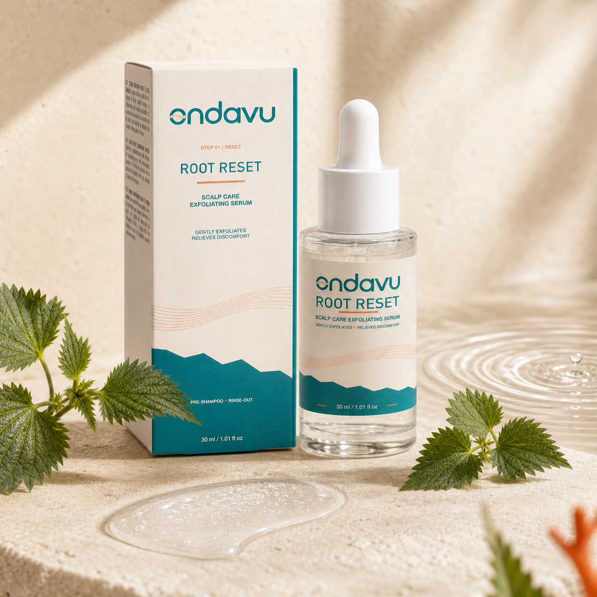 ONDAVU Root Reset bottle with nettle and serum texture