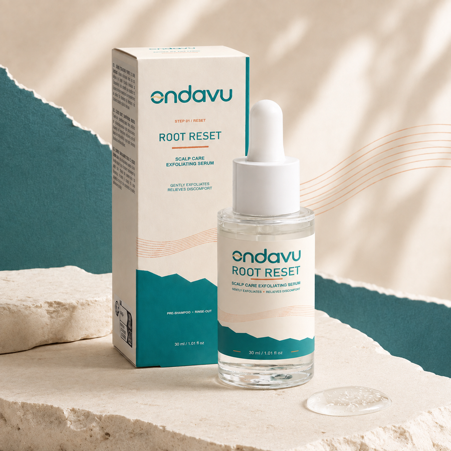 ONDAVU Root Reset bottle and box on a warm cream and deep teal studio set