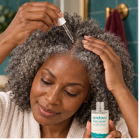 Woman parting dry hair before applying Root Reset