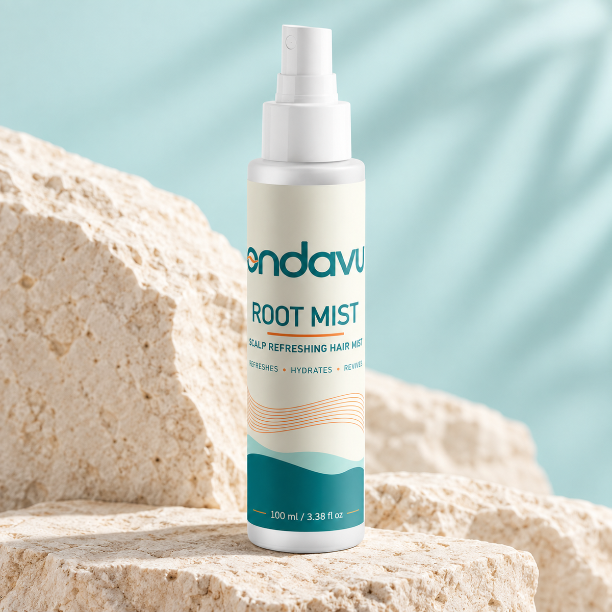 ONDAVU Root Mist product, damp-hair use, red-algae ingredient and after-wash detail photographs