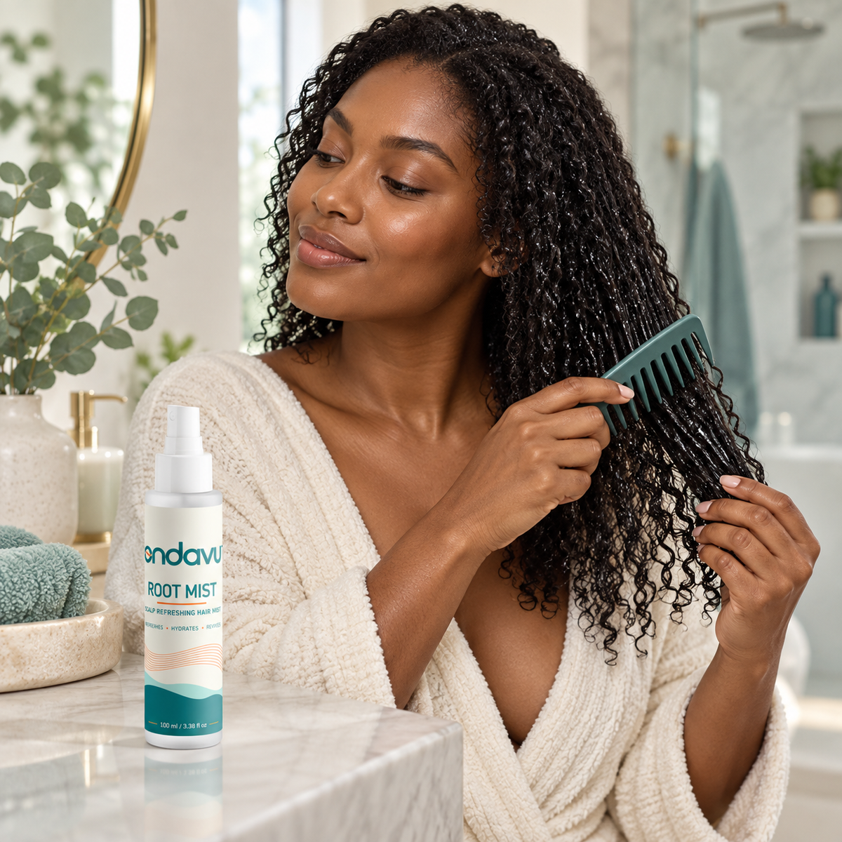 ONDAVU Root Mist product, damp-hair use, red-algae ingredient and after-wash detail photographs