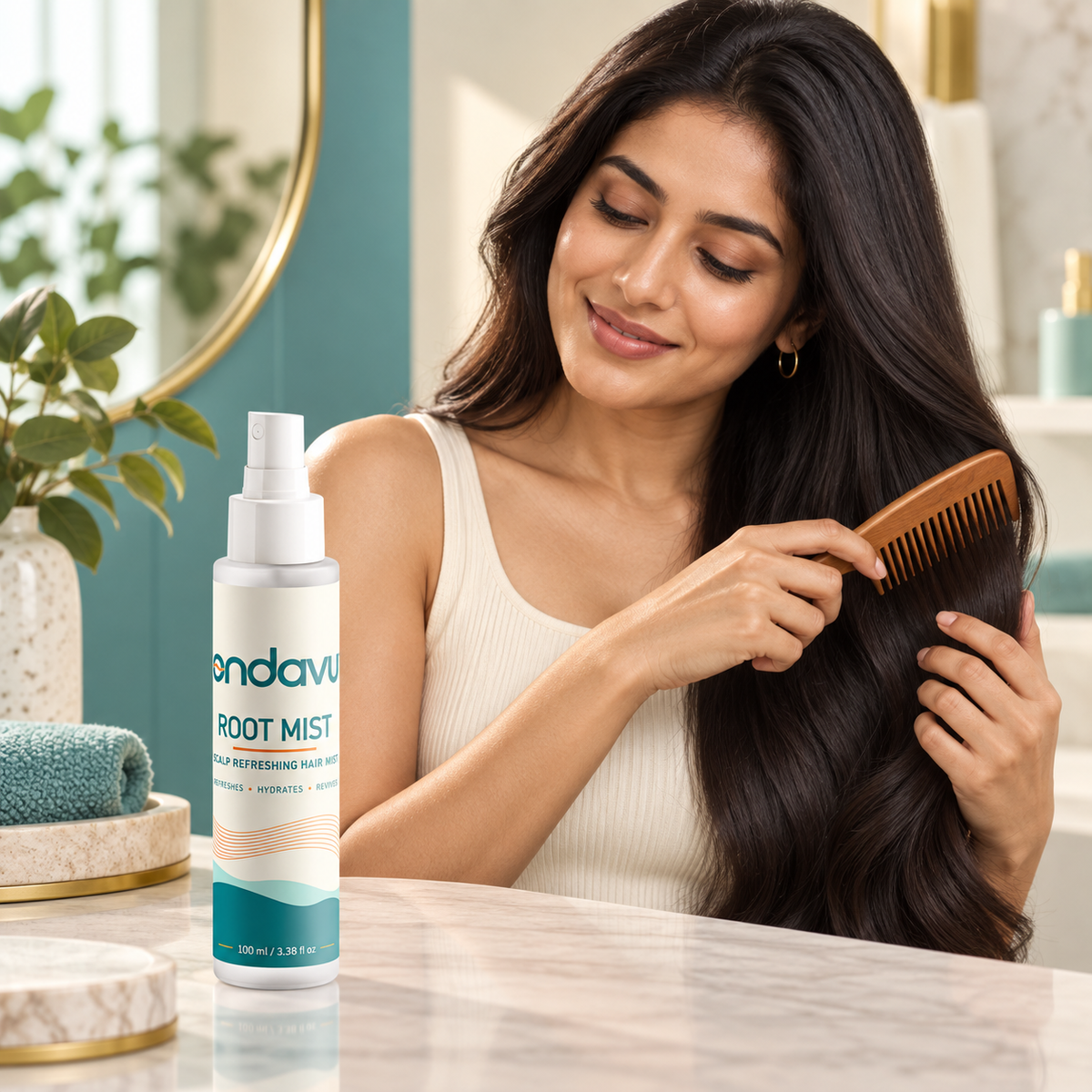 ONDAVU Root Mist product, damp-hair use, red-algae ingredient and after-wash detail photographs