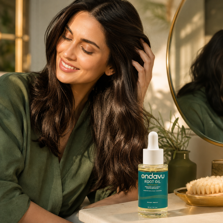 Healthy-looking styled hair with ONDAVU Root Oil