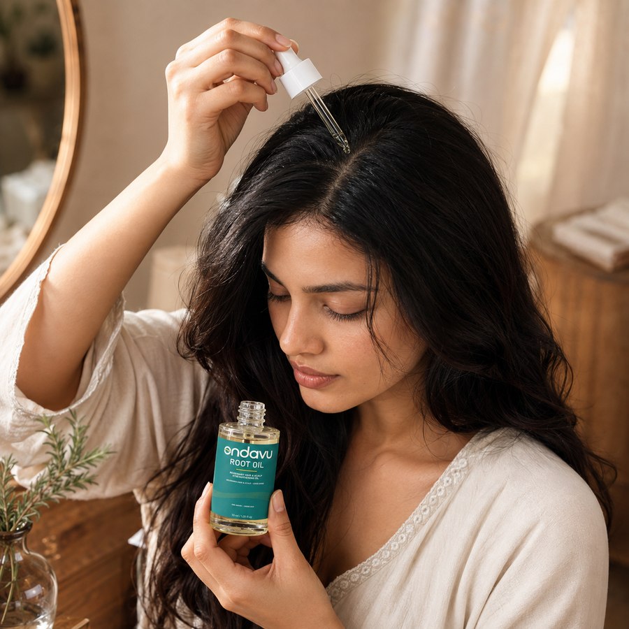 Woman applying ONDAVU Root Oil as a pre-wash scalp treatment