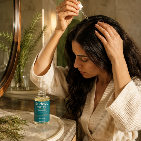 Woman applying ONDAVU Root Oil directly along a dry scalp part