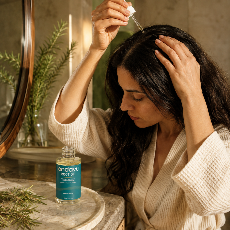 Applying ONDAVU Root Oil to the scalp before washing