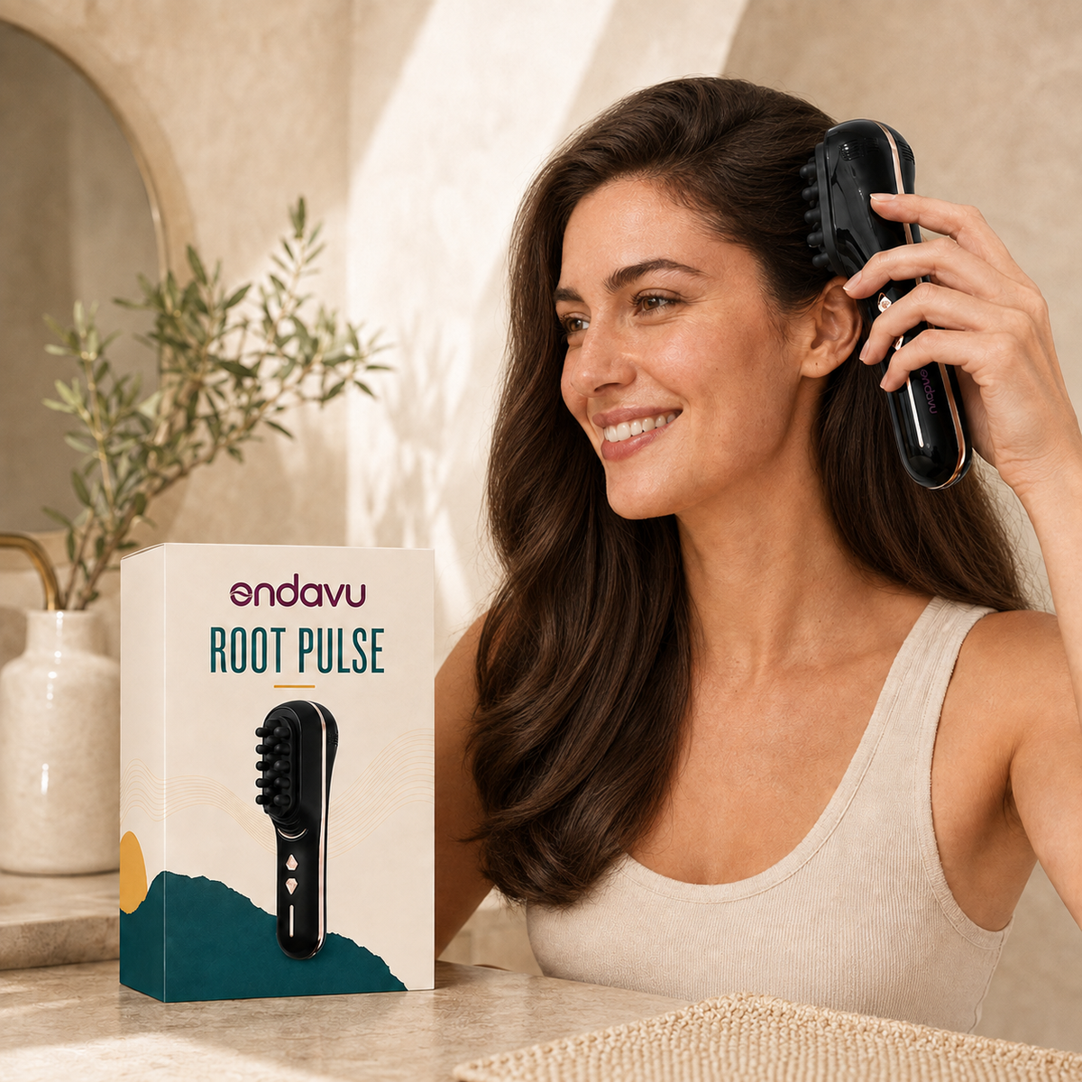 Black ONDAVU Root Pulse used gently on dry hair with branded box