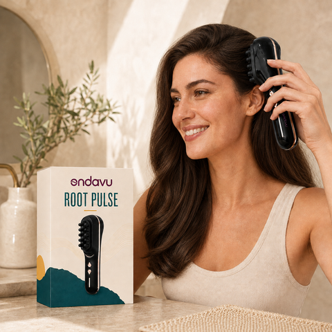 Woman guiding black ONDAVU Root Pulse over dry hair beside its product box