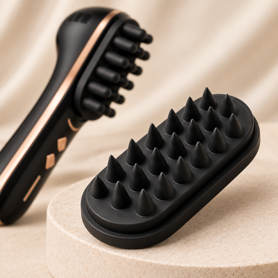 Black pointed-tooth full-size Root Pulse massage head beside rounded head on device