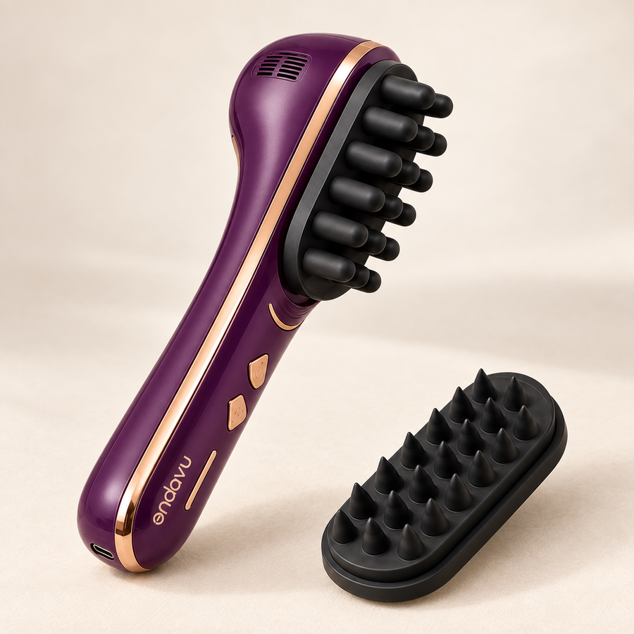 Purple ONDAVU Root Pulse studio angle with two black full-size massage heads