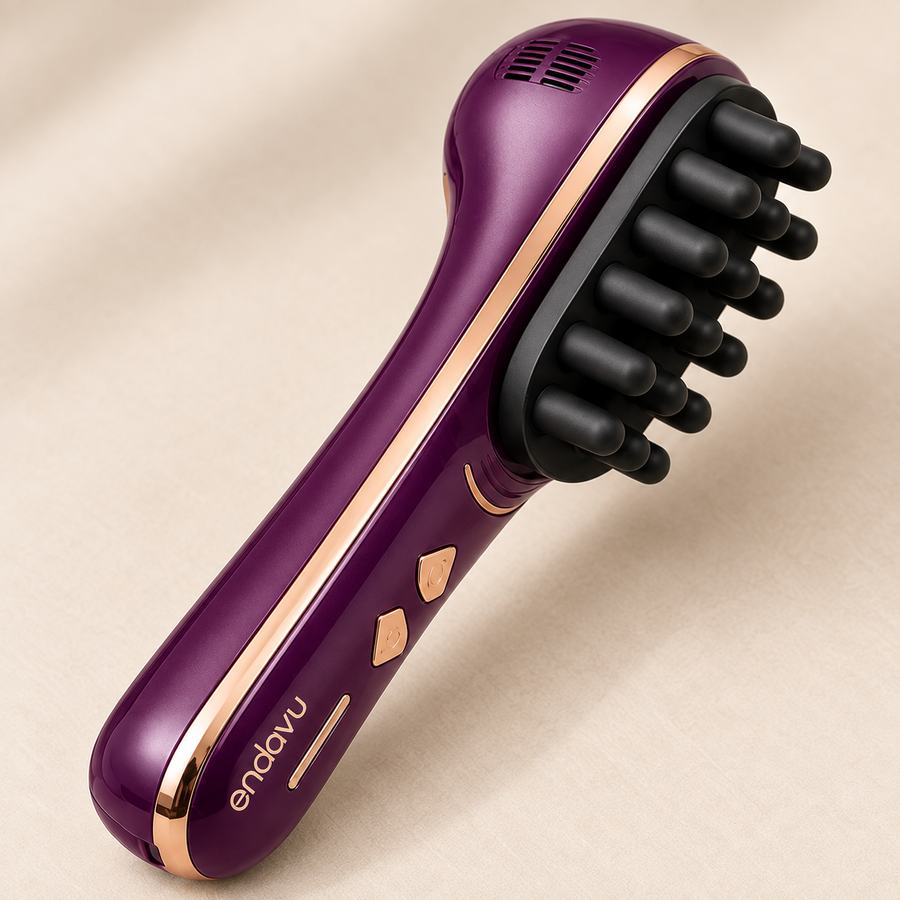 Purple ONDAVU Root Pulse controls and black rounded massage head close-up