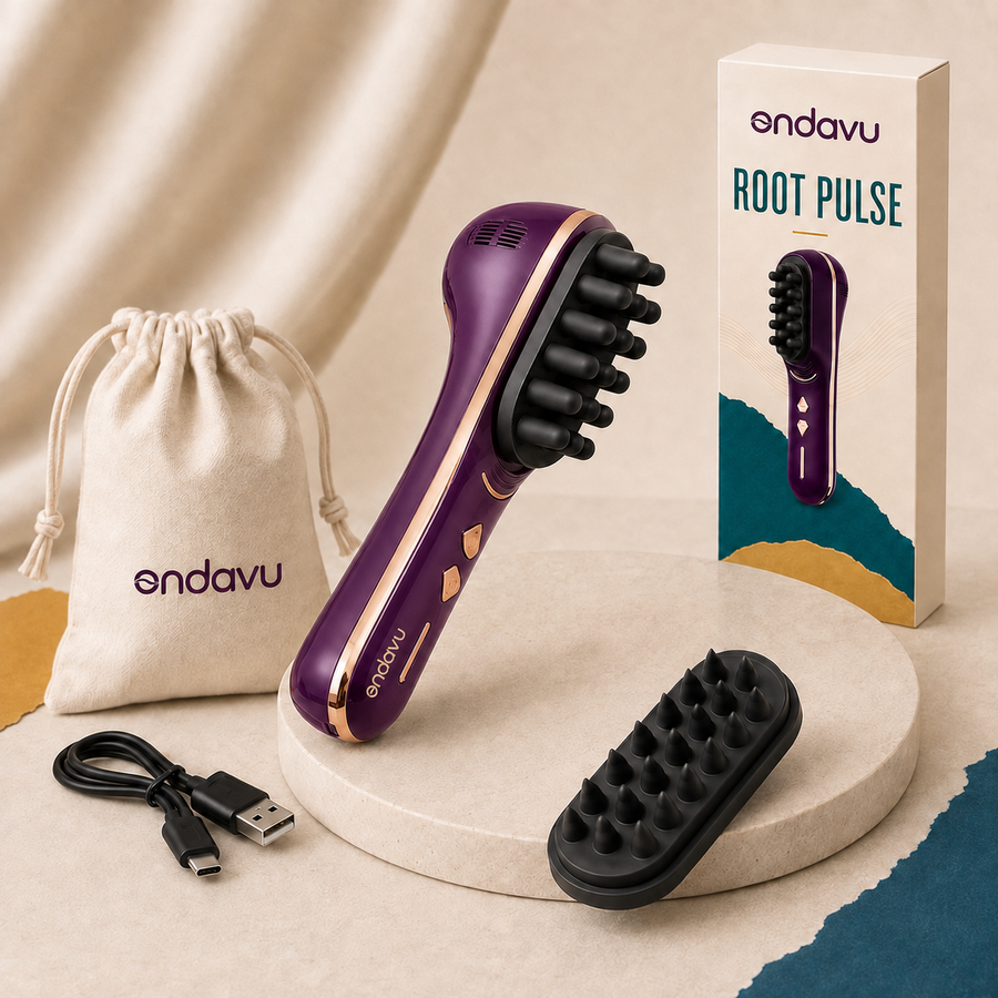 Purple ONDAVU Root Pulse kit with two black interchangeable massage heads