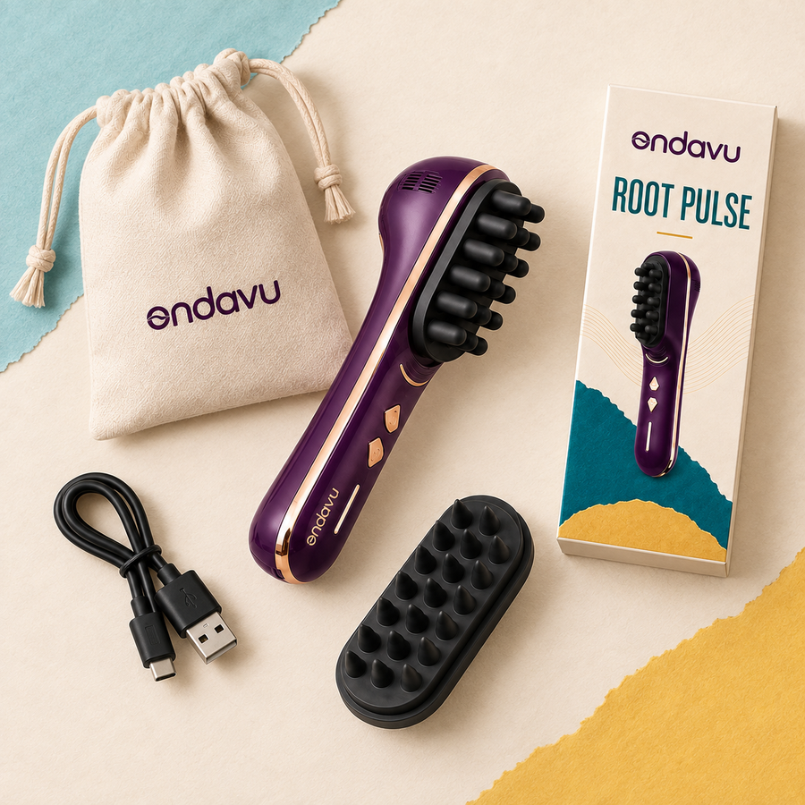 Purple ONDAVU Root Pulse complete kit top view with rounded and pointed black heads