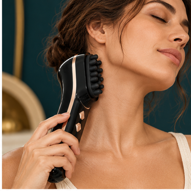 Editorial illustration of ONDAVU Root Pulse positioned behind the ear at the side/back of the neck