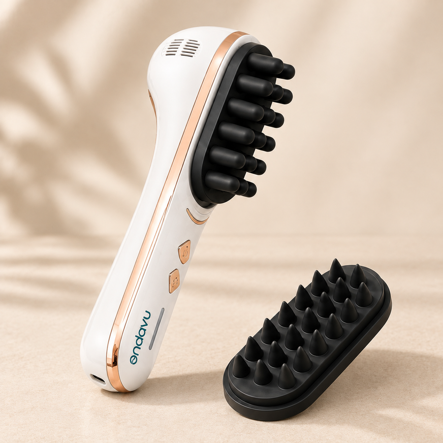 White ONDAVU Root Pulse studio angle with two black full-size massage heads