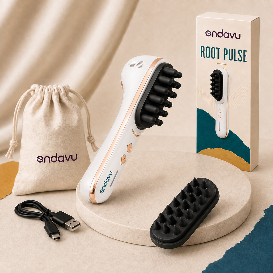 White ONDAVU Root Pulse kit with two black interchangeable massage heads
