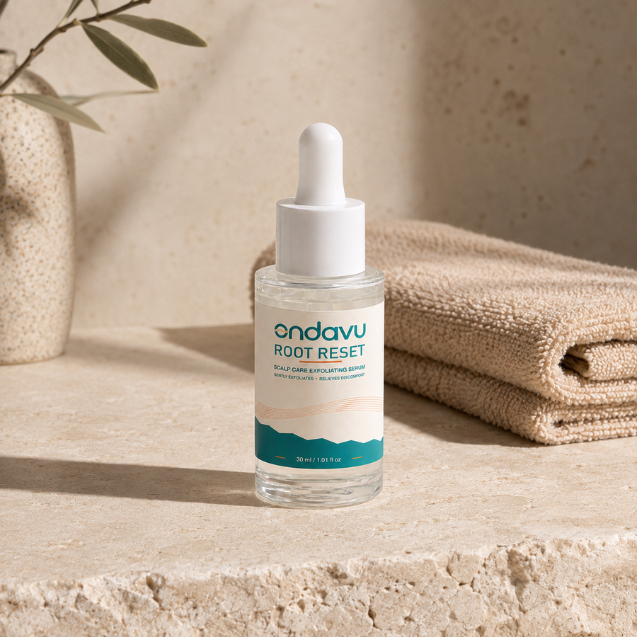 ONDAVU Root Reset scalp serum on a warm stone vanity