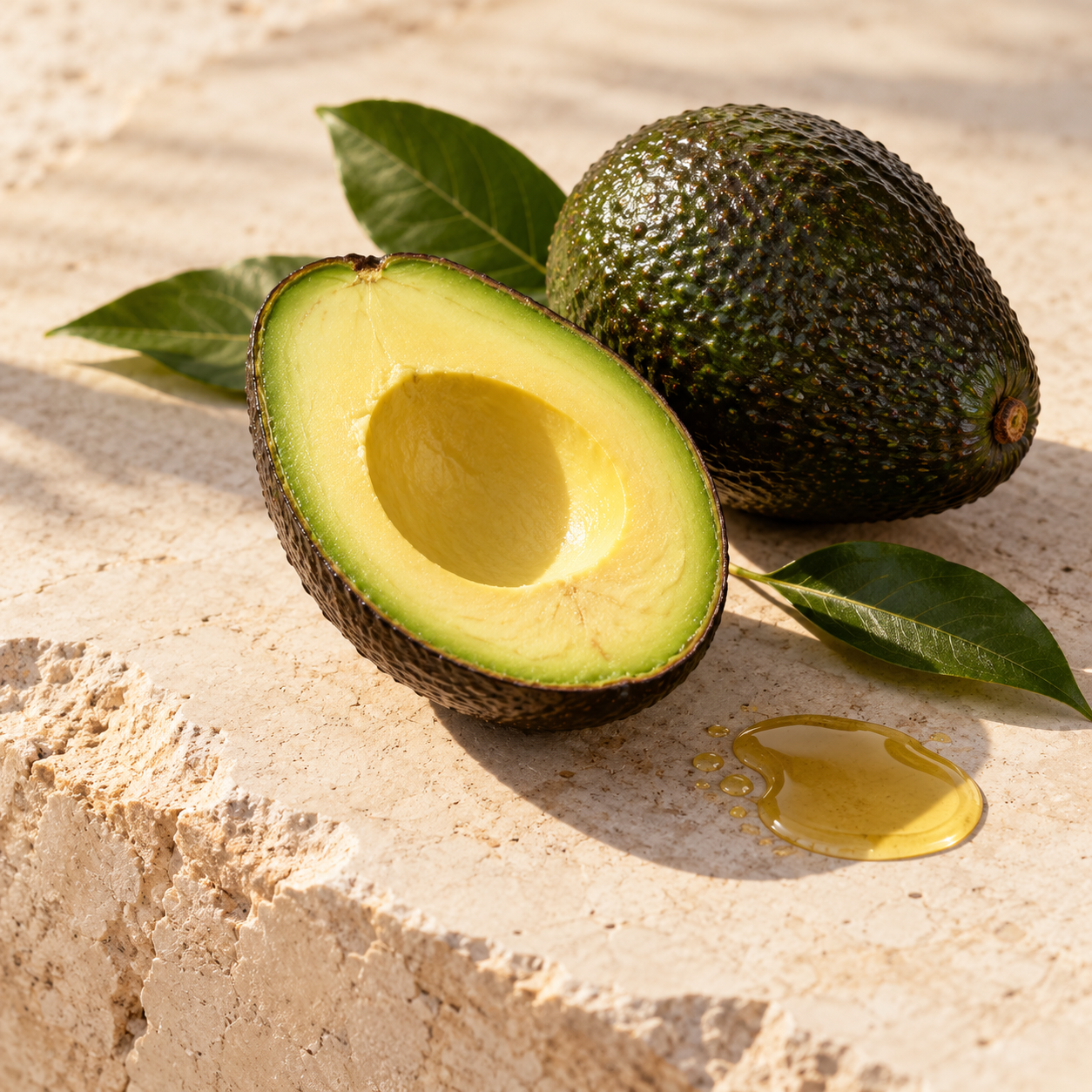 Editorial avocado halves beside golden oil