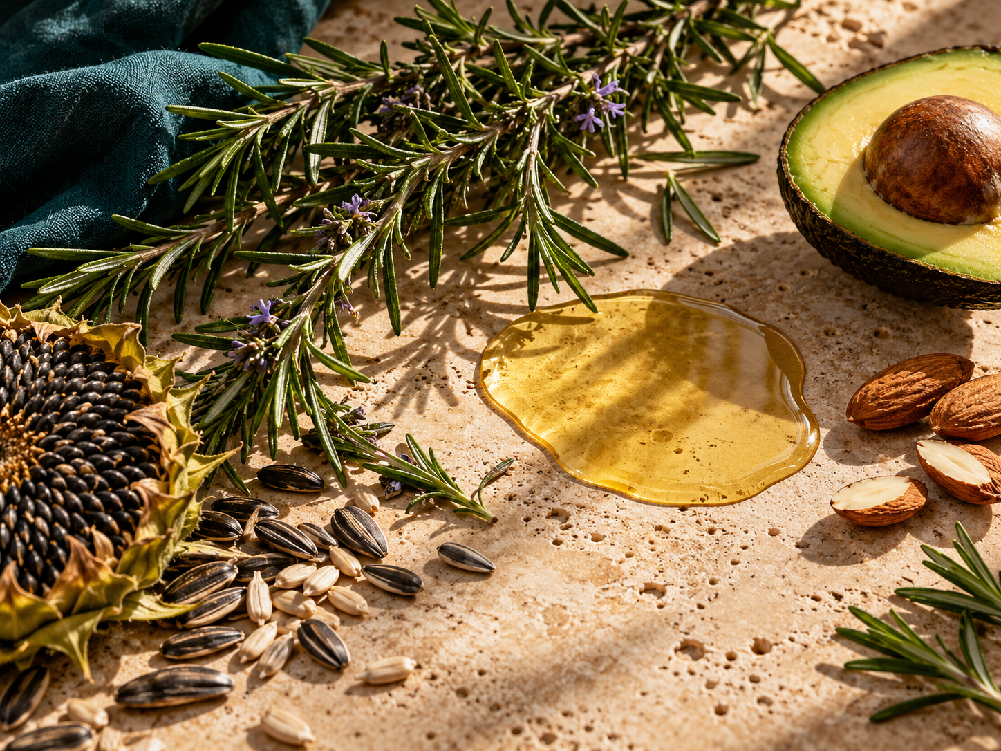 Original editorial rosemary, sunflower seed, almond and avocado still life