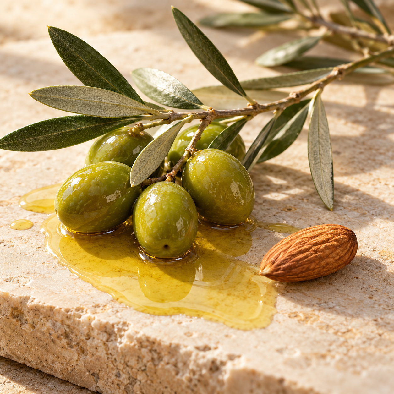 Editorial olives, olive branch and almond kernel