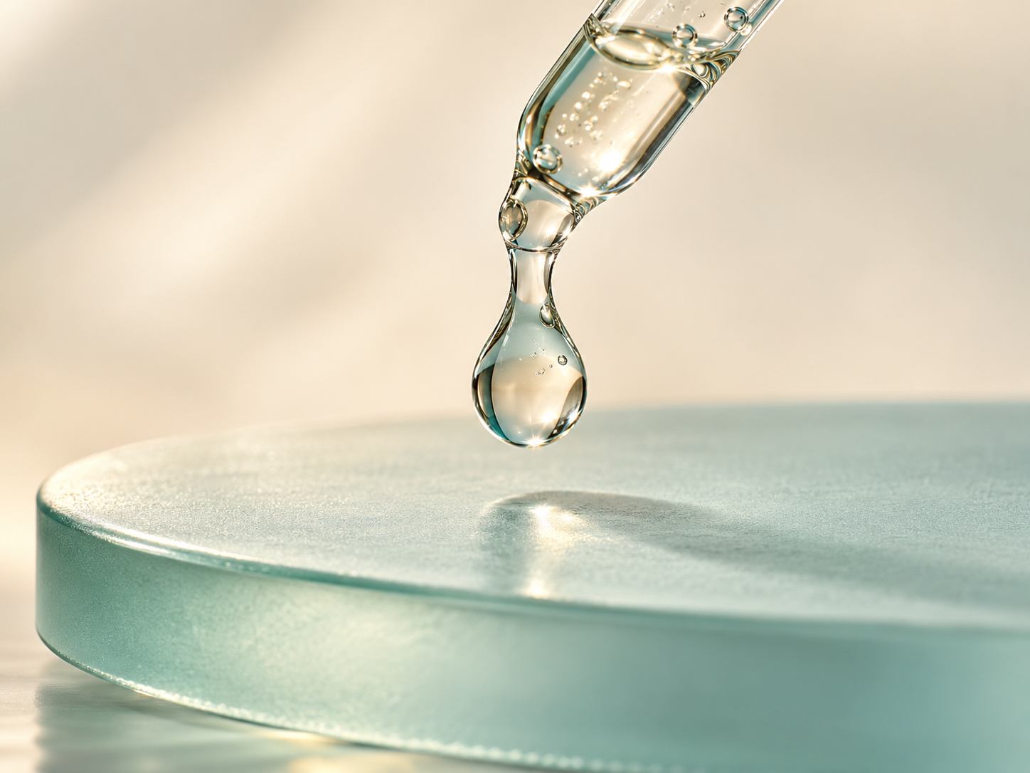 Original editorial clear serum droplet on pale aqua glass